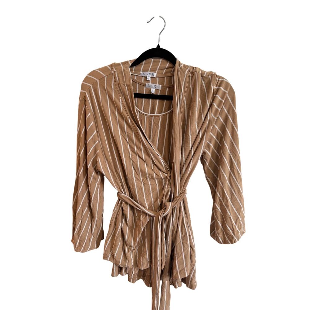 LAKE Luxury Pajamas Dream Modal Tank and Kimono Robe Sz S Brown White Stripe